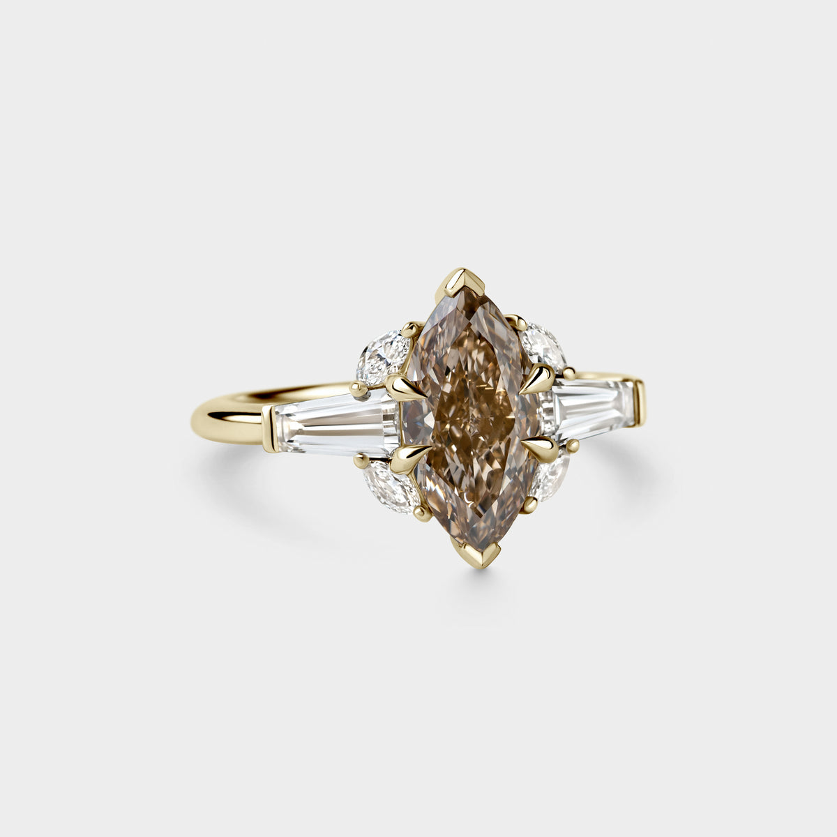 1.81ct Marquise Champagne Lab w/ Tapered Baguette & White Marquise Diamond