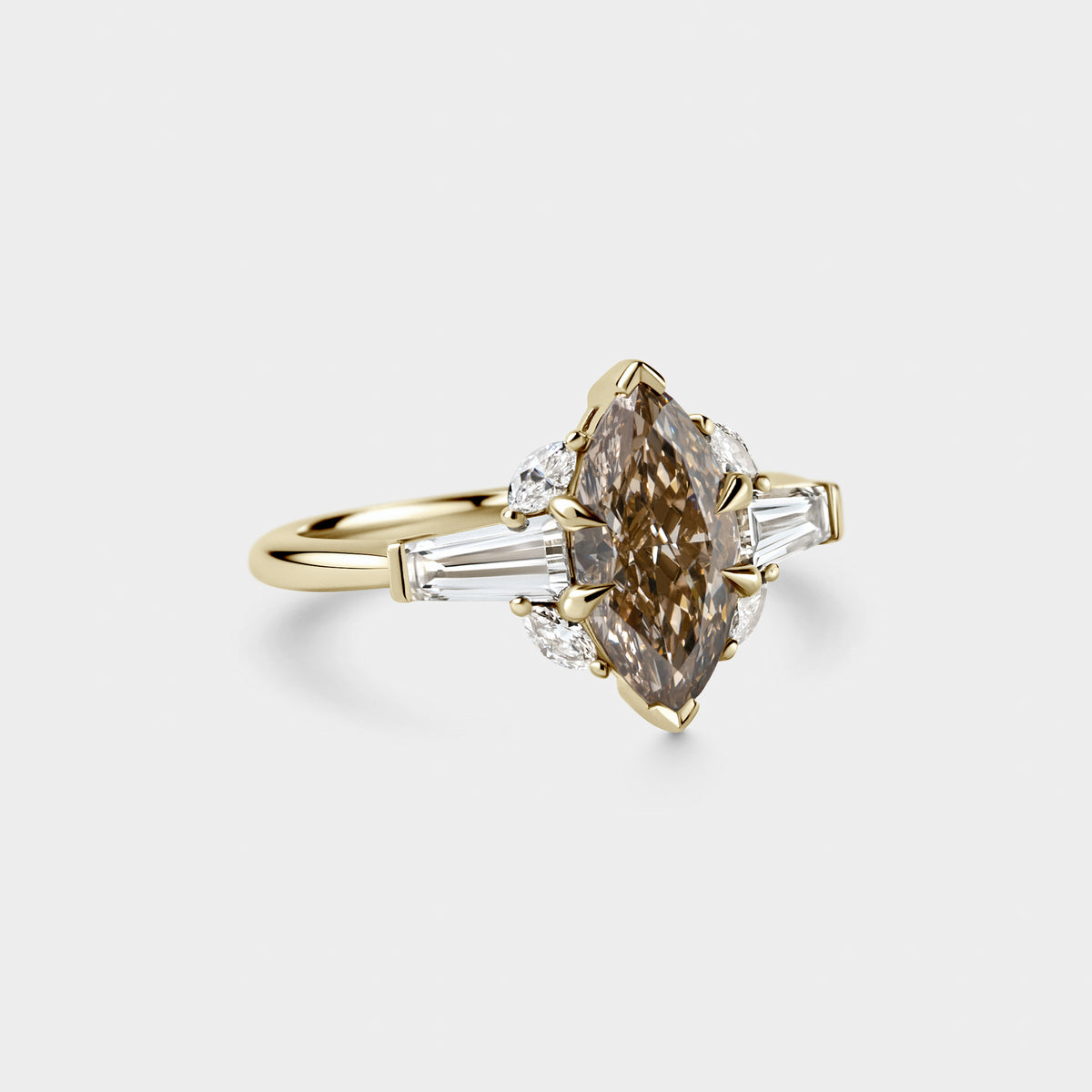 1.81ct Marquise Champagne Lab w/ Tapered Baguette & White Marquise Diamond