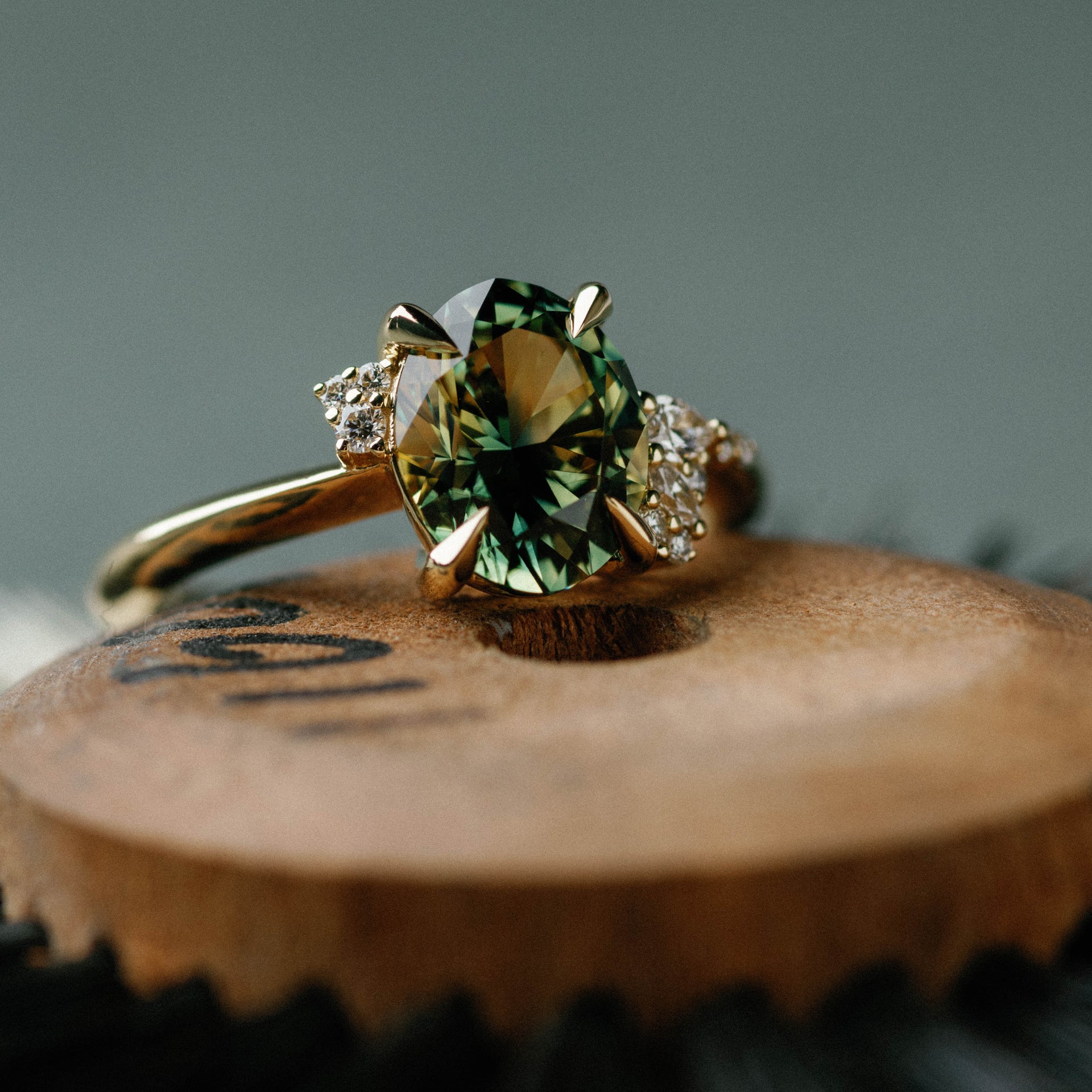 2.65ct Asymmetrical Cluster of Oval Green/Yellow/Blue Parti Sapphire & Diamond