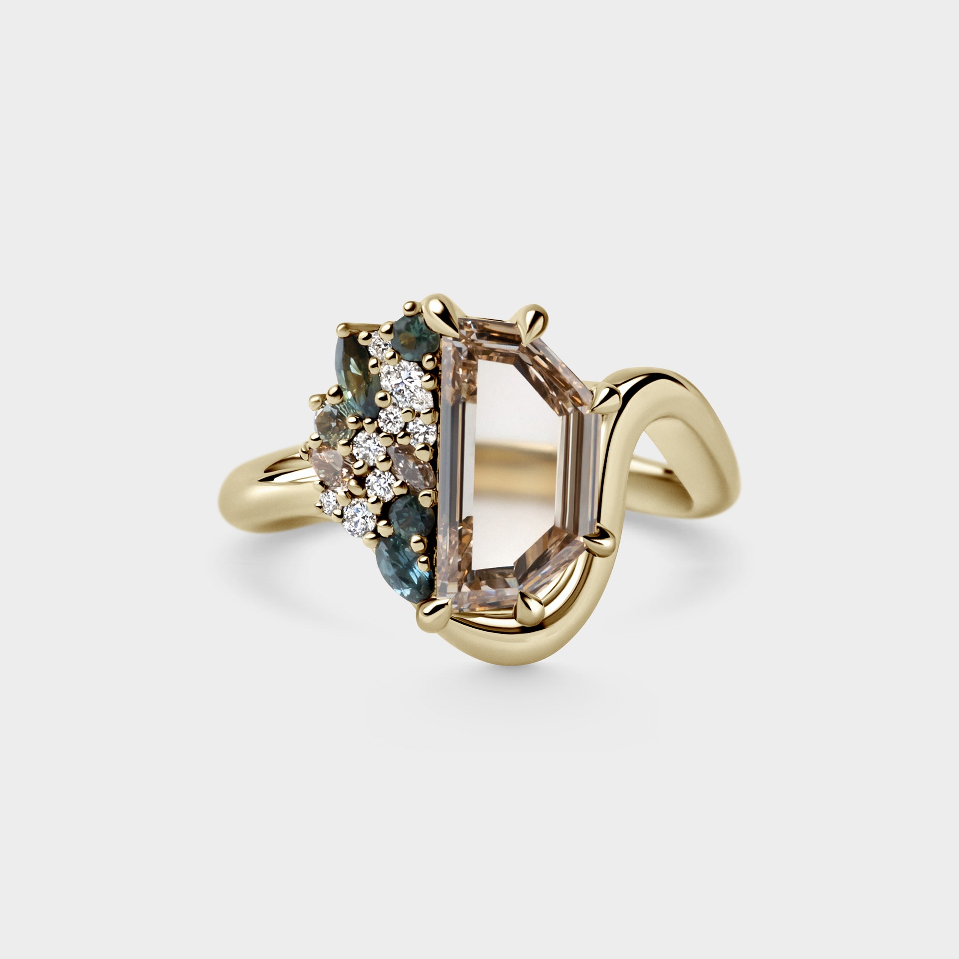 1.62ct Asymmetrical Cluster of Champagne Portrait Cut Lab Diamond & Sapphire