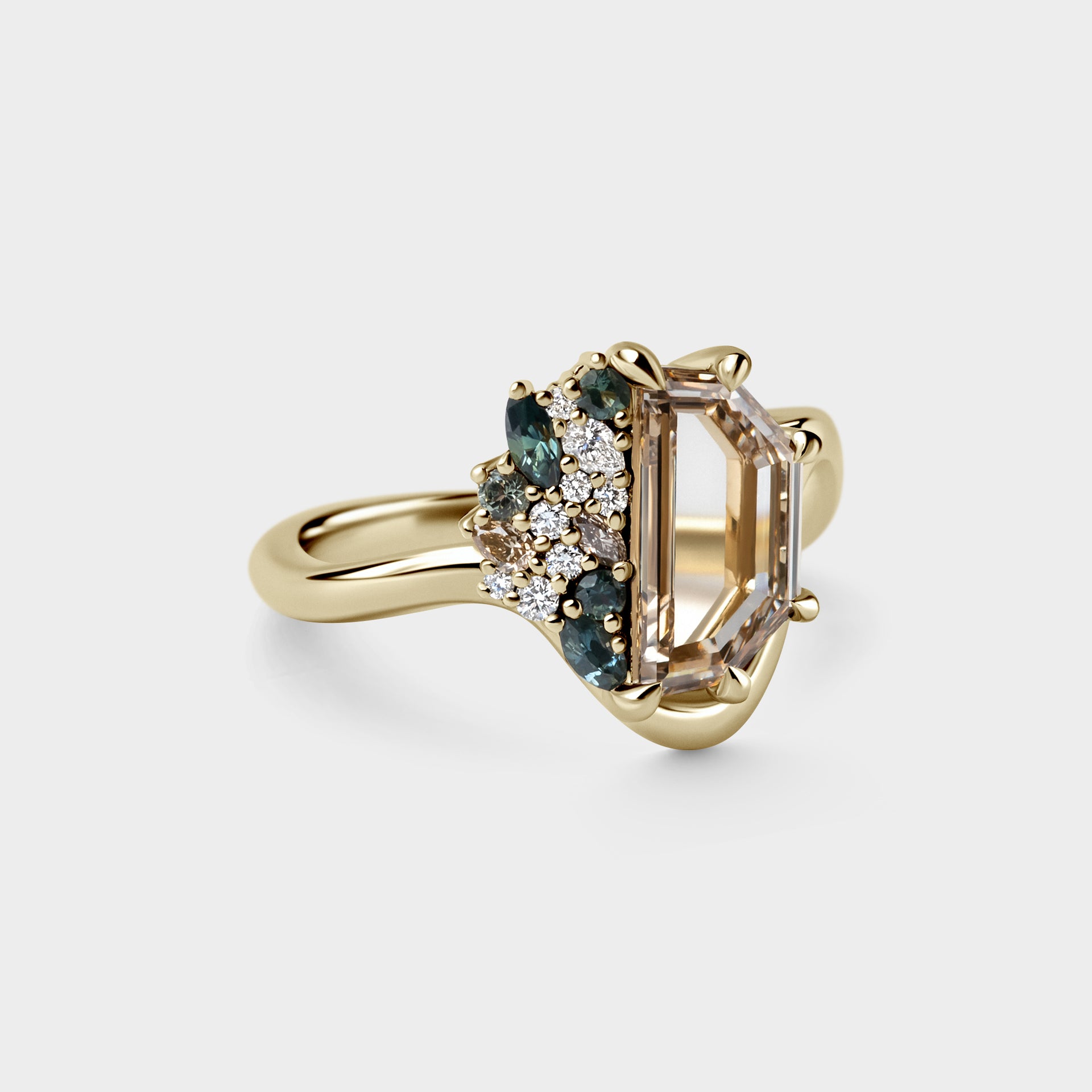 1.62ct Asymmetrical Cluster of Champagne Portrait Cut Lab Diamond & Sapphire