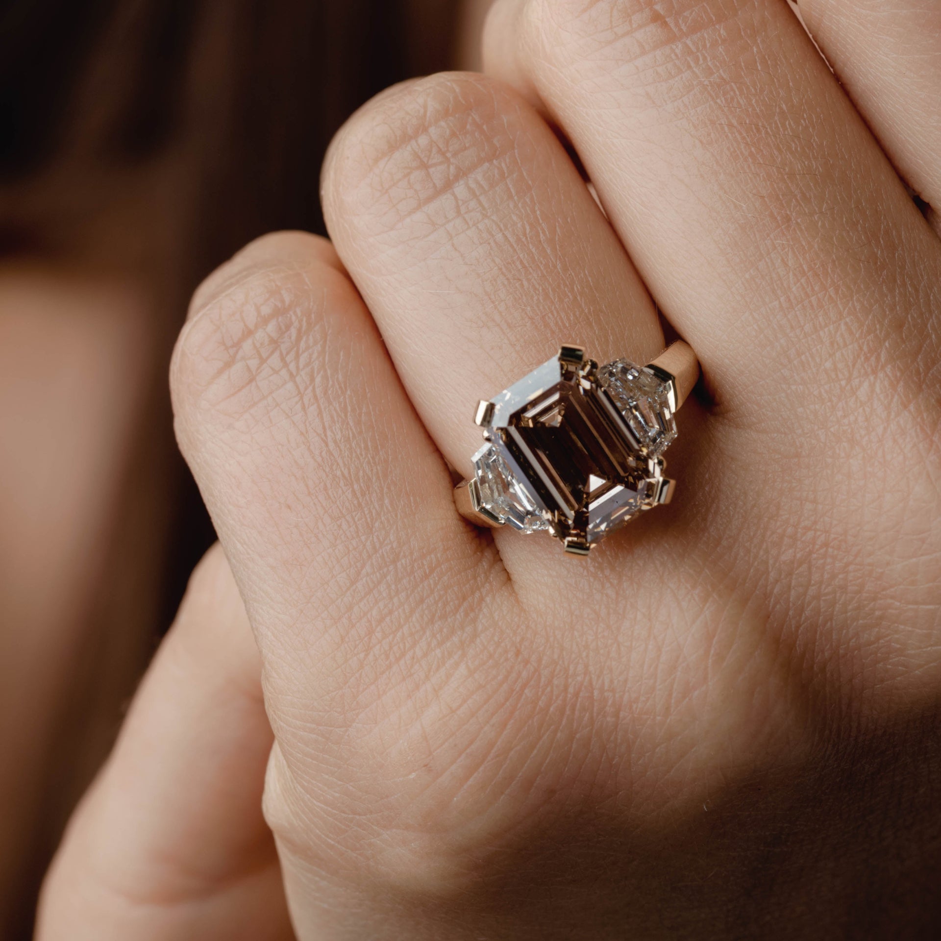 6.09ct Three Stone of Champagne Emerald & Cadillac Diamond