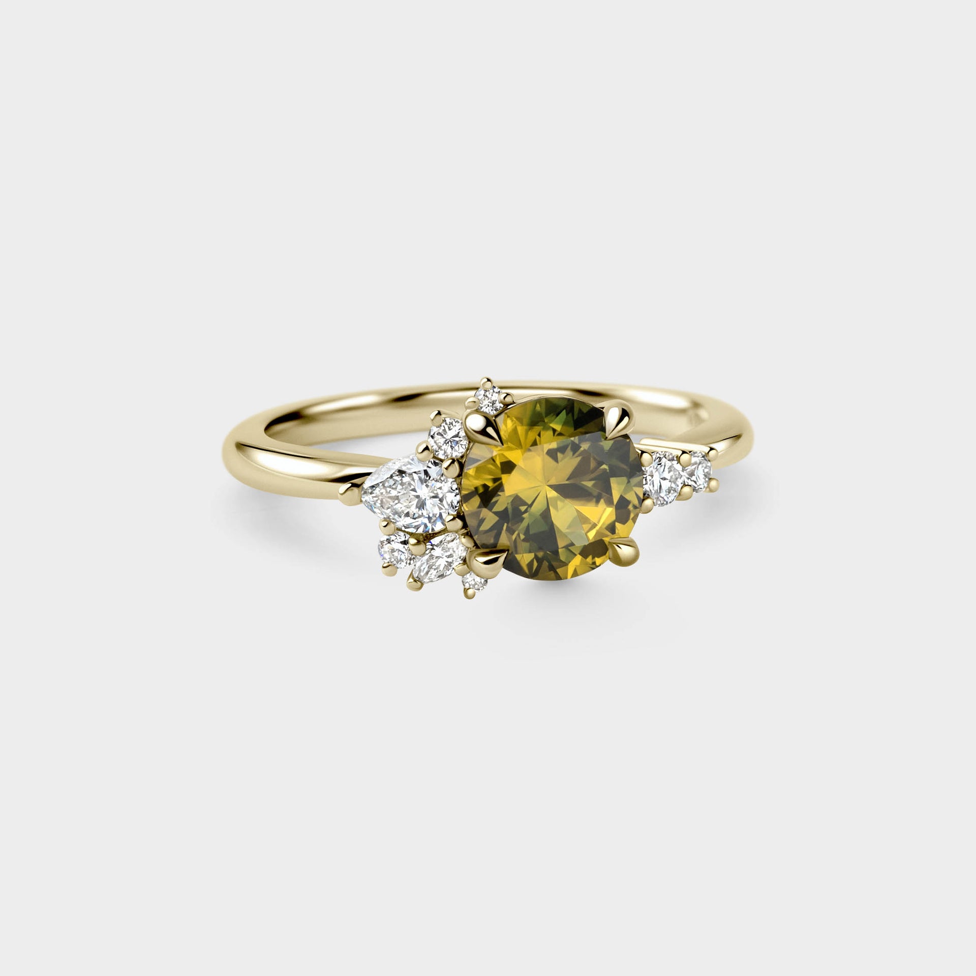 1.44ct Asymmetrical Cluster of Yellow/Green Parti Sapphire & Diamond